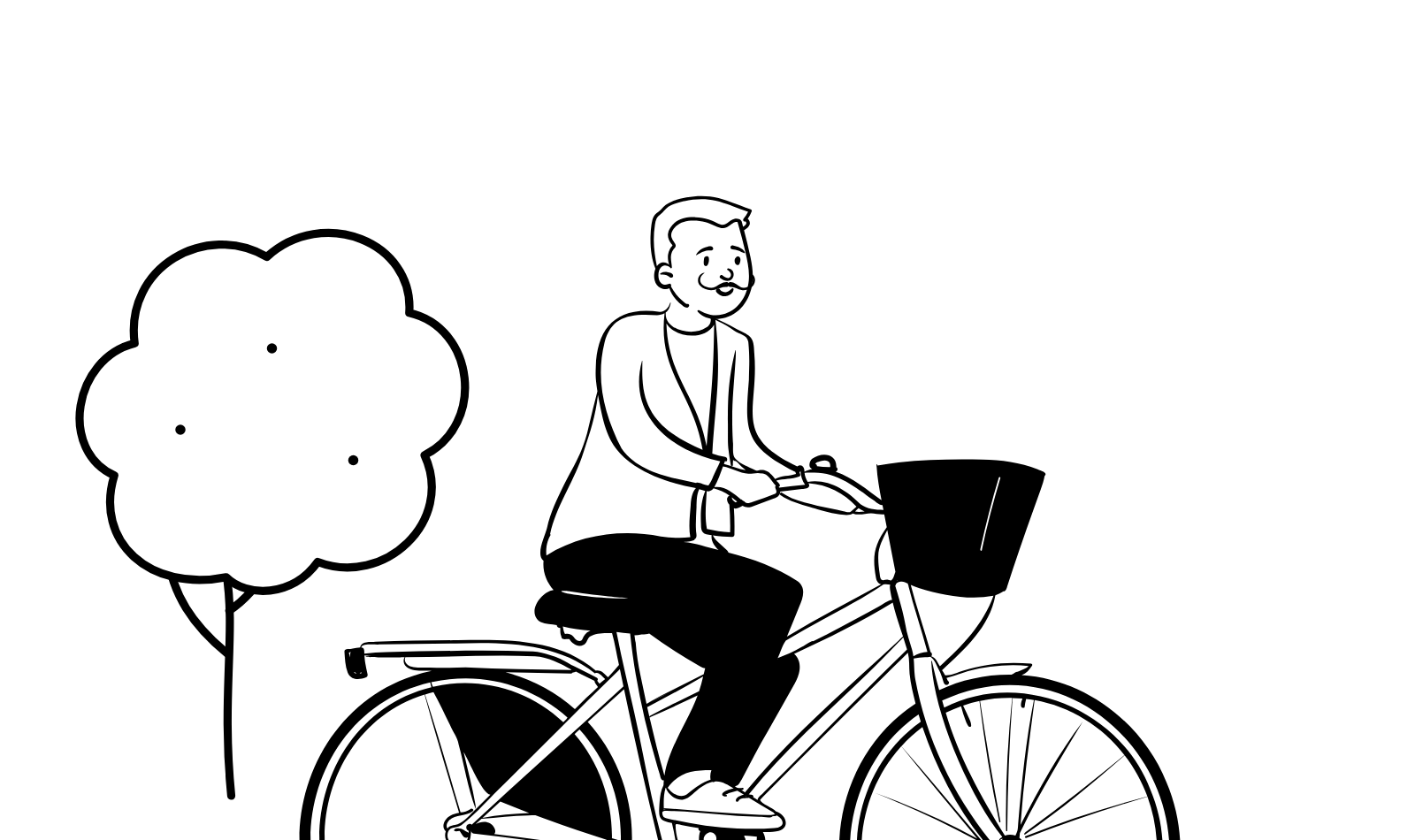 Hand-drawn illustration of a man with a moustache riding a bicycle past a tree