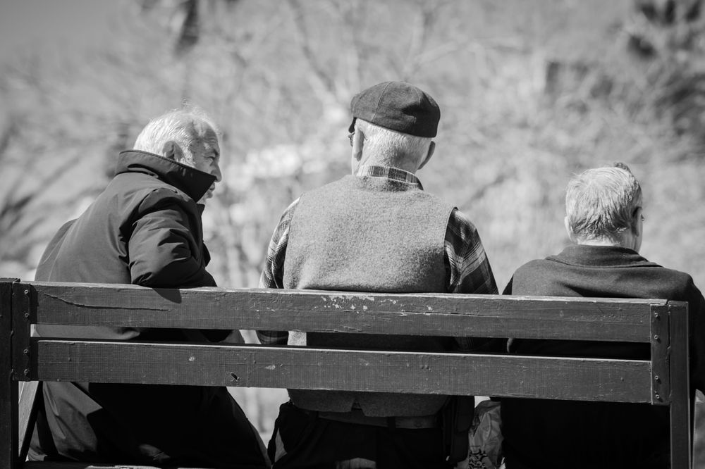 Three older men chatting on a park bench, seen from behind, in black and white
