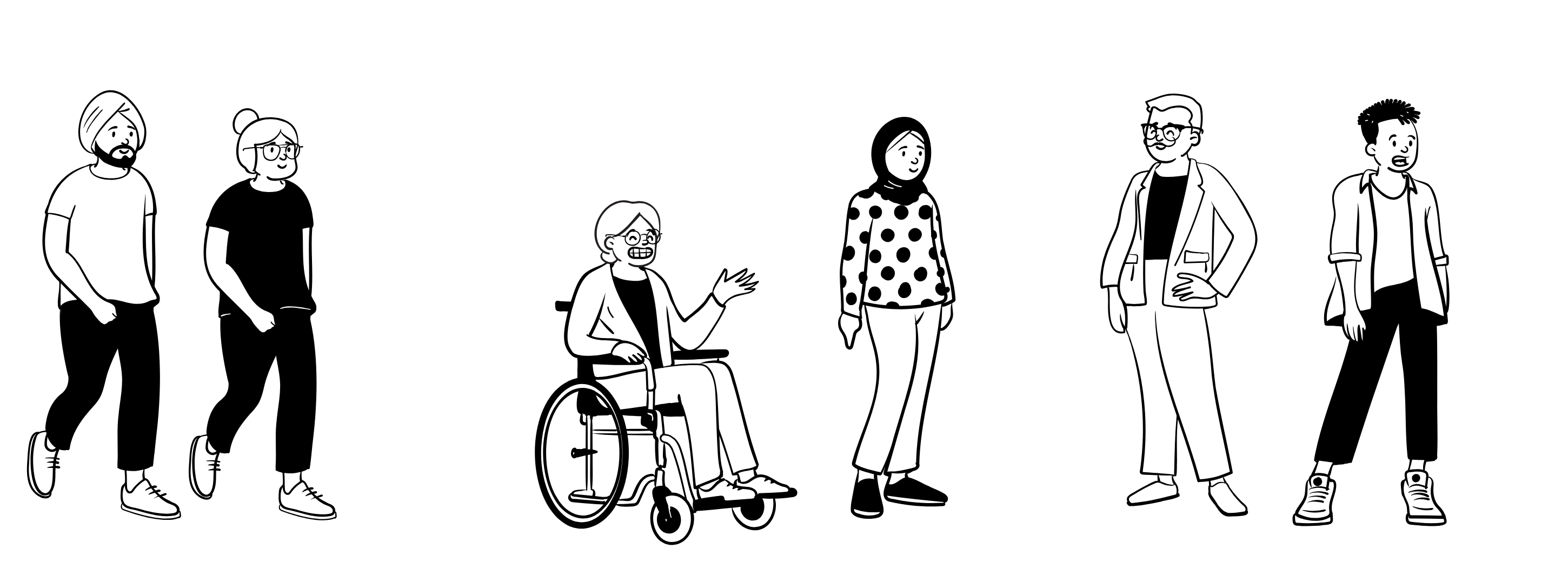 Hand-drawn illustration of six people of different ages and backgrounds, walking and chatting together, one using a wheelchair